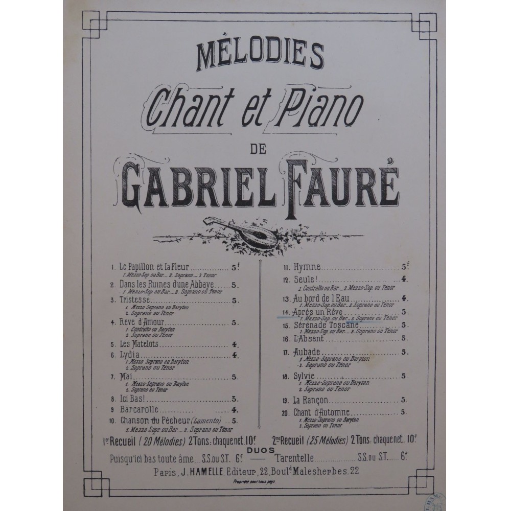 FAURÉ Gabriel Après un rêve Chant Piano ca1888