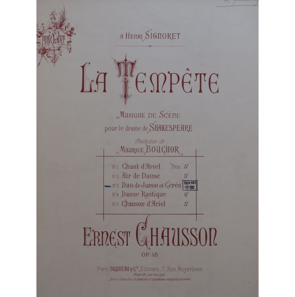 CHAUSSON Ernest La Tempête No 3 Chant Piano ca1890