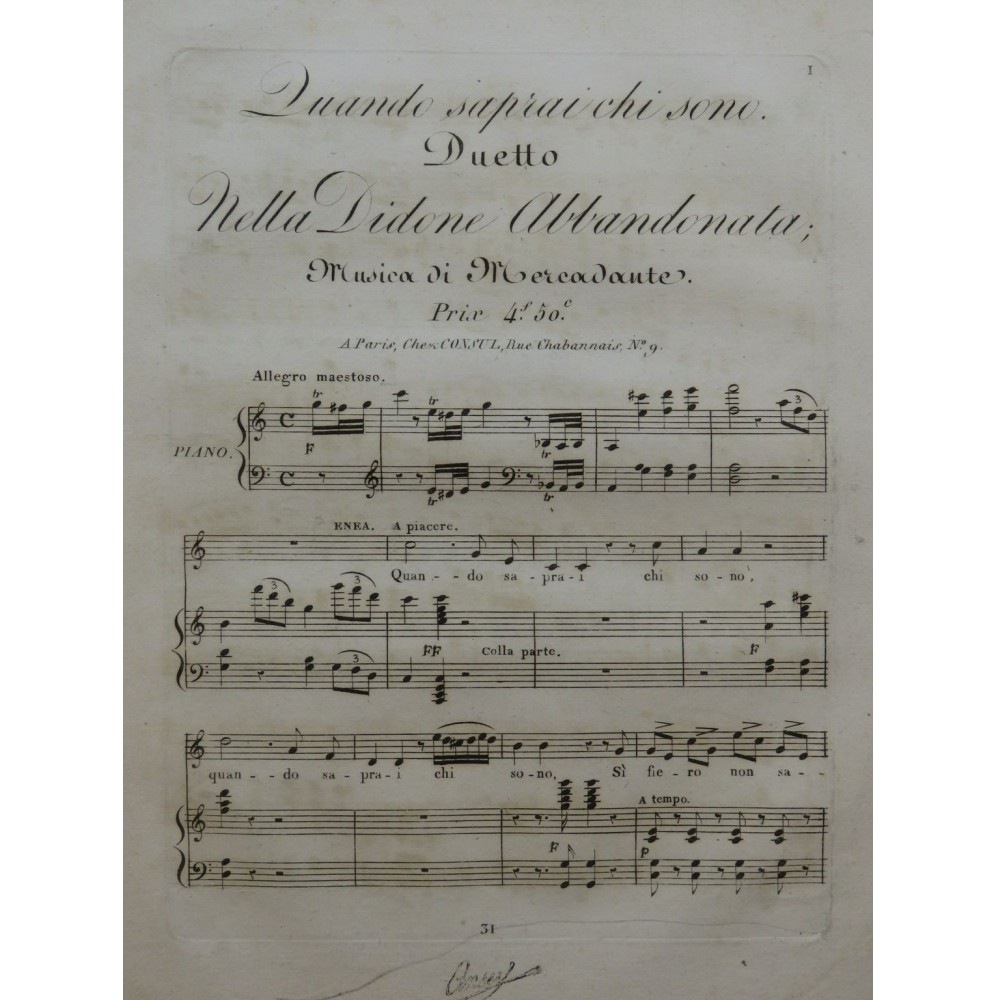 MERCADANTE Saverio Quando saprai chi sono Duetto Chant Piano ca1825