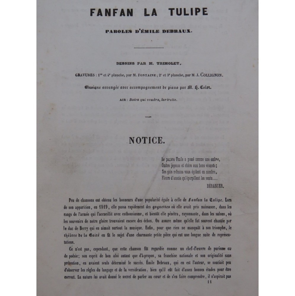 COLET Hippolyte Fanfan la Tulipe Chant Piano XIXe