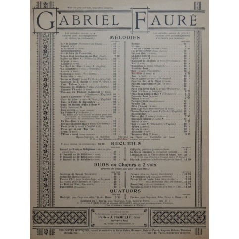 FAURÉ Gabriel Nell Chant Piano ca1925