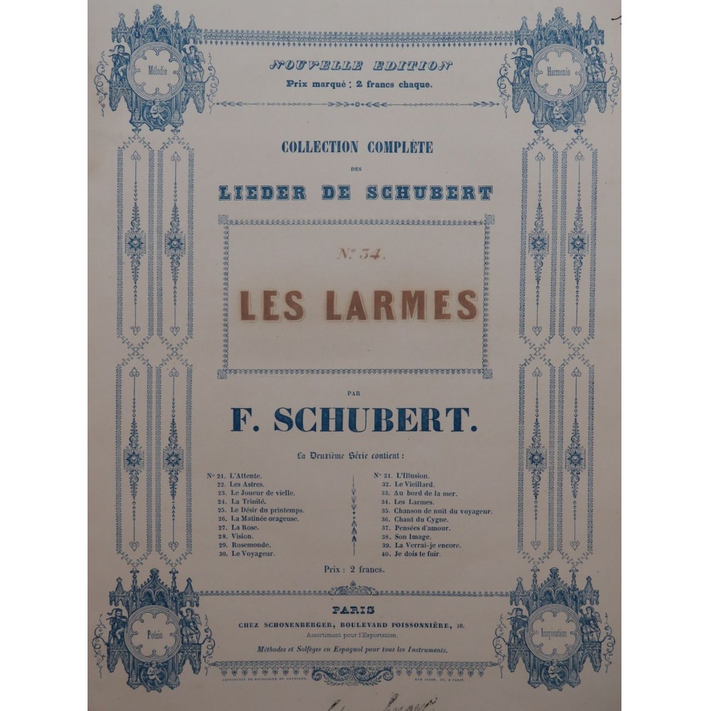 SCHUBERT Franz Les Larmes Chant Piano ca1840
