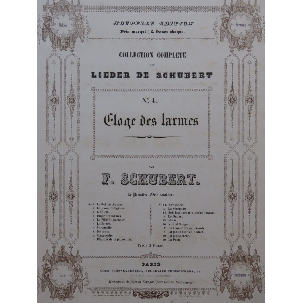 SCHUBERT Franz Éloge des Larmes Chant Piano ca1840