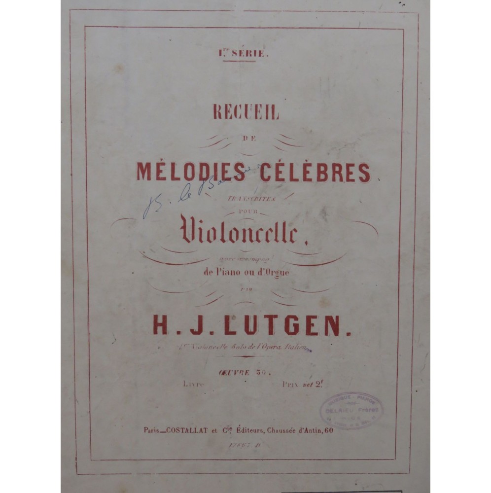 LUTGEN H. J. Mélodies Pergolèse Martini Violoncelle Piano ou Orgue ca1900