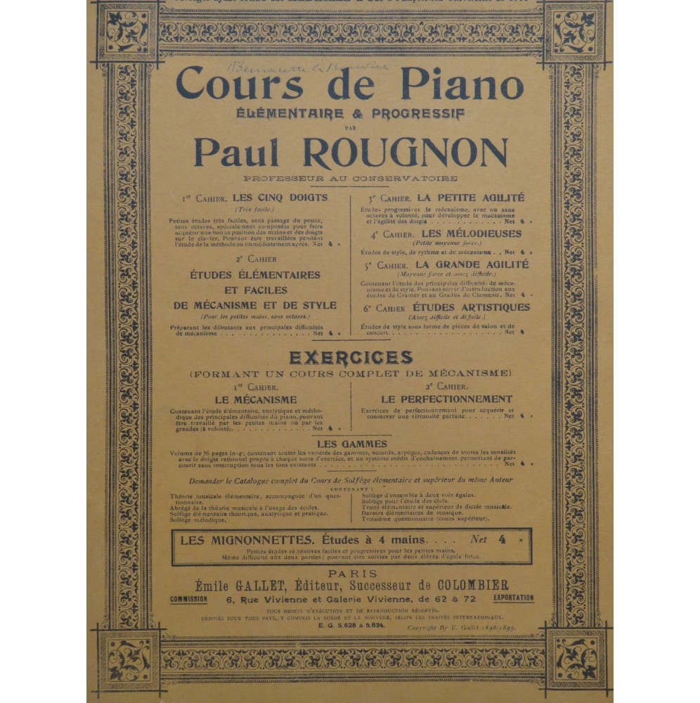 ROUGNON Paul Ecole des Gammes Arpèges et Cadences Piano 1900