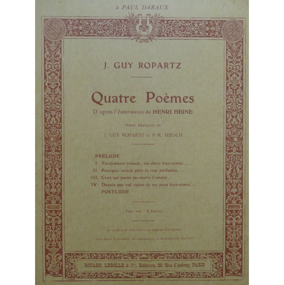 ROPARTZ Joseph-Guy Quatre Poèmes Piano Chant