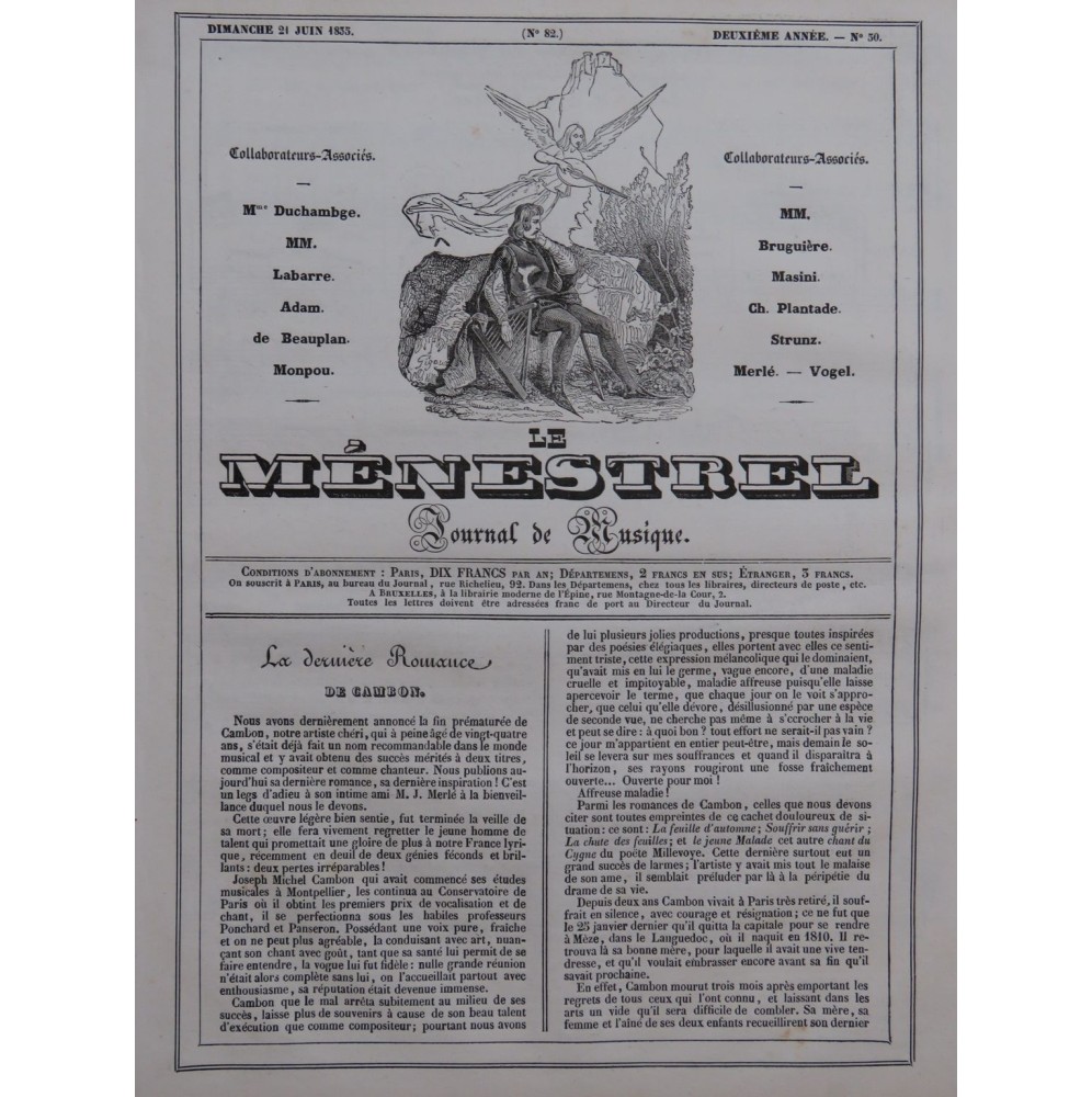 RICHOMME Auguste Dernière Romance de Cambon Piano Chant 1835