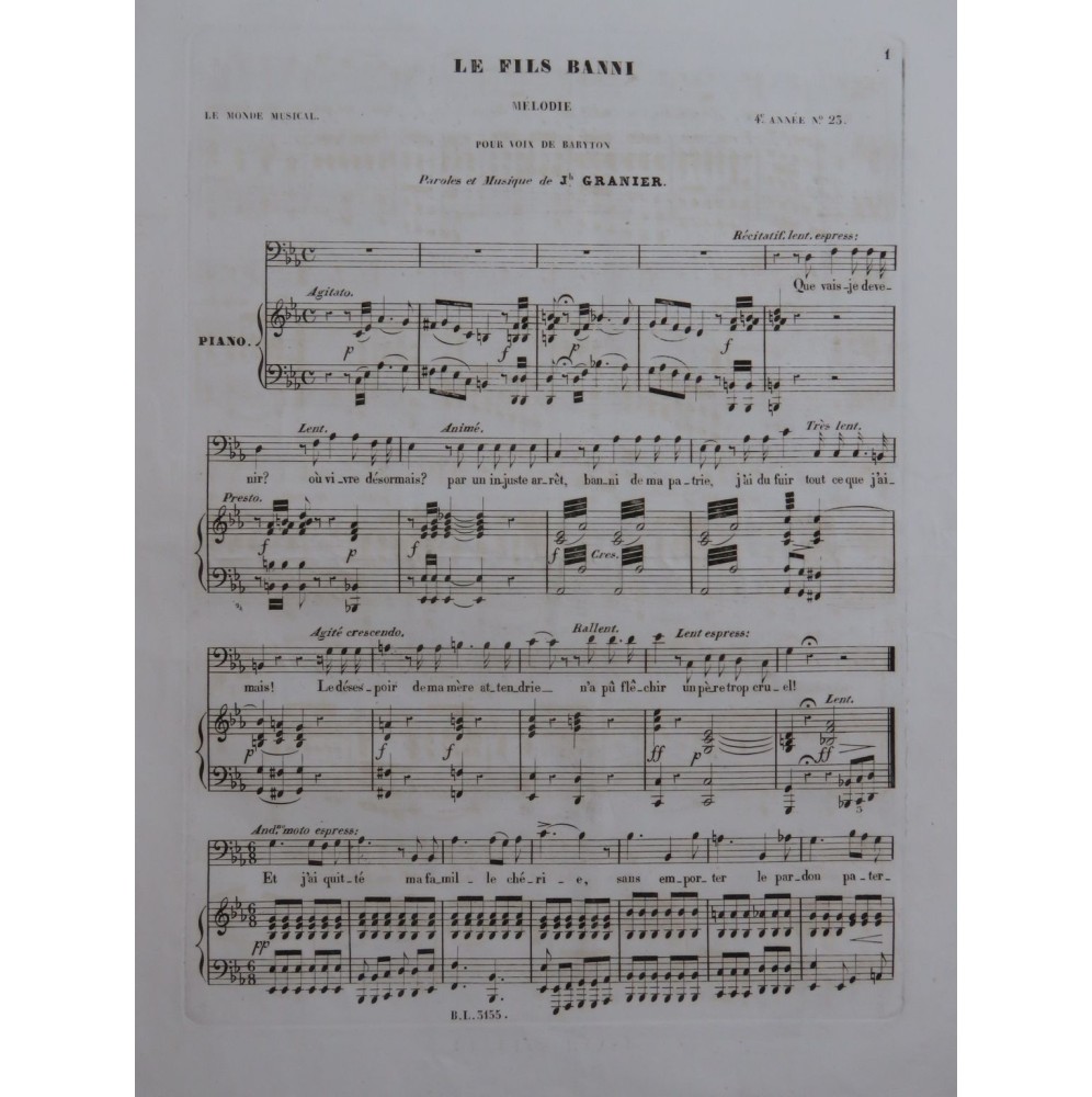 GRANIER Joseph Le Fils Banni Chant Piano ca1840