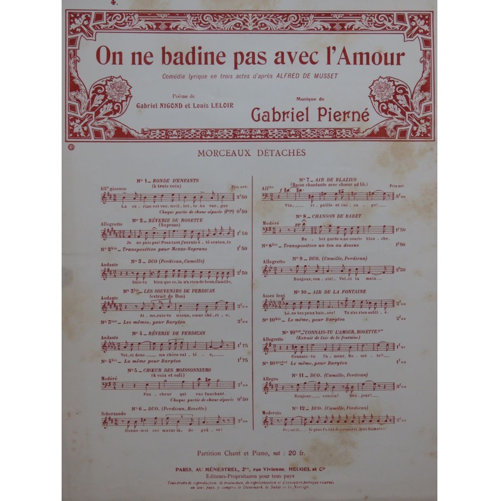 PIERNÉ Gabriel On ne badine pas avec l'Amour No 4 Chant Piano 1910