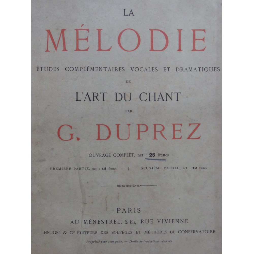 DUPREZ Gilbert-Louis La Mélodie Etudes Chant Piano ca1874
