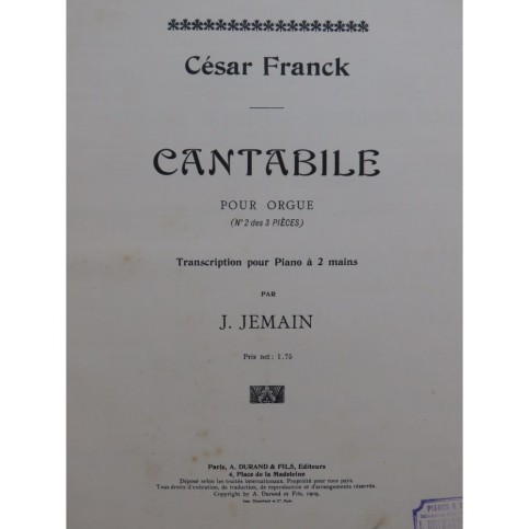FRANCK César Cantabile Piano 1909