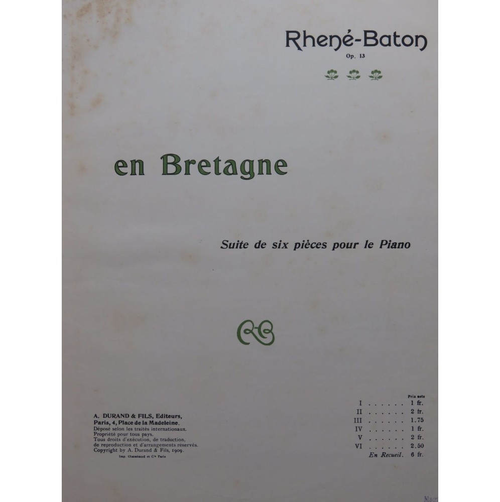 RHENÉ-BATON En Bretagne No 1 Piano 1909