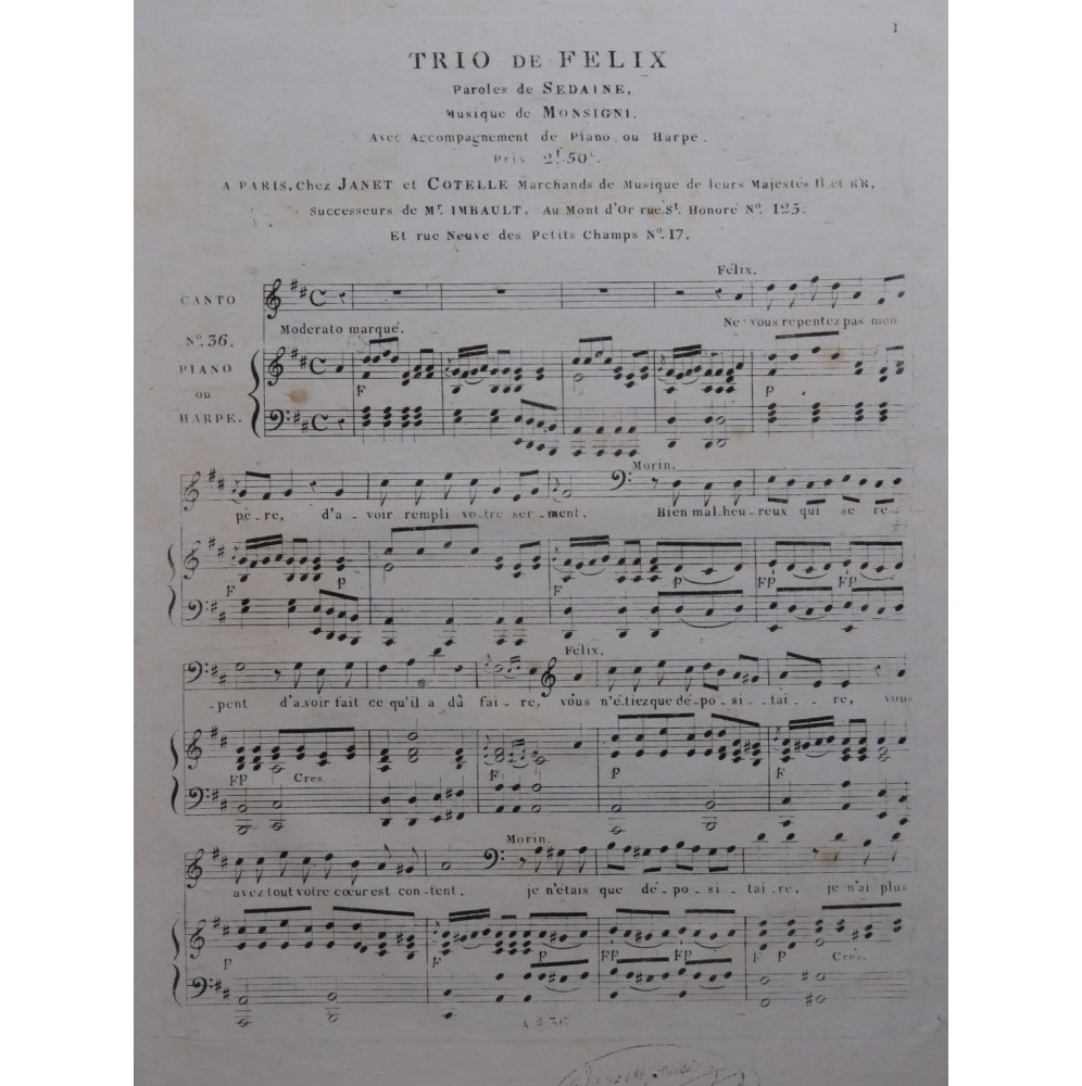 MONSIGNY P. A. Félix Trio Chant Piano ou Harpe ca1810