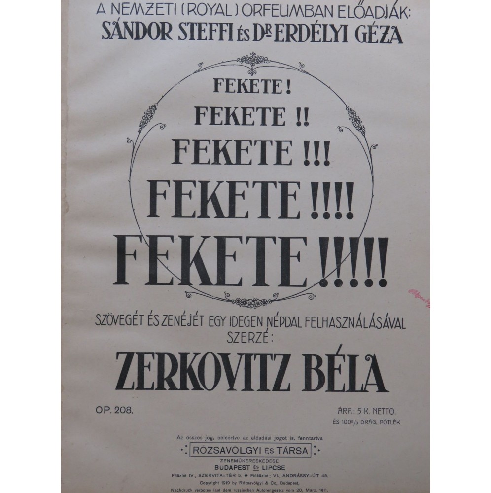 ZERKOVITZ Béla Fekete ! Fekete !! Fekete !!! Chant Piano 1919