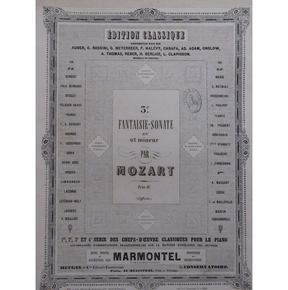 MOZART W. A. Fantaisie Sonate No 3 Piano ca1860
