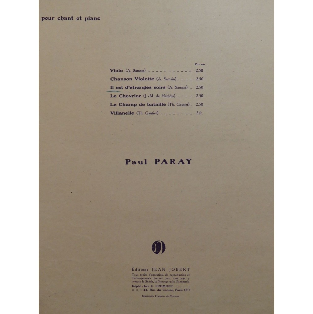 PARAY Paul Il est d'étranges soirs... Chant Piano 1920