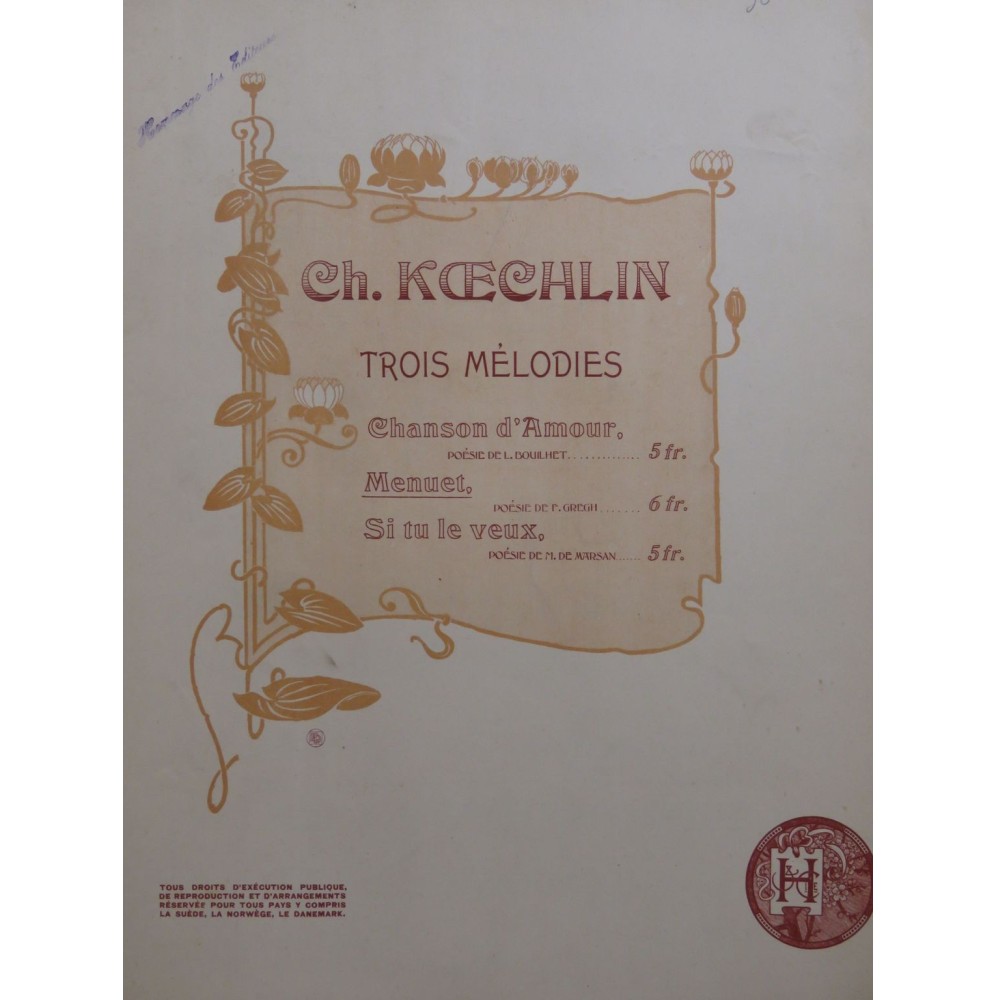 KOECHLIN Charles Menuet Chant Piano ca1898