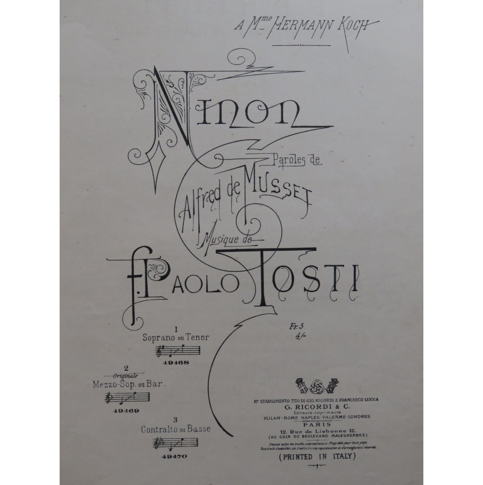 TOSTI F. Paolo Ninon Chant Piano 1898