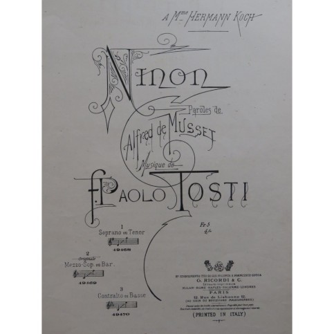 TOSTI F. Paolo Ninon Chant Piano 1898
