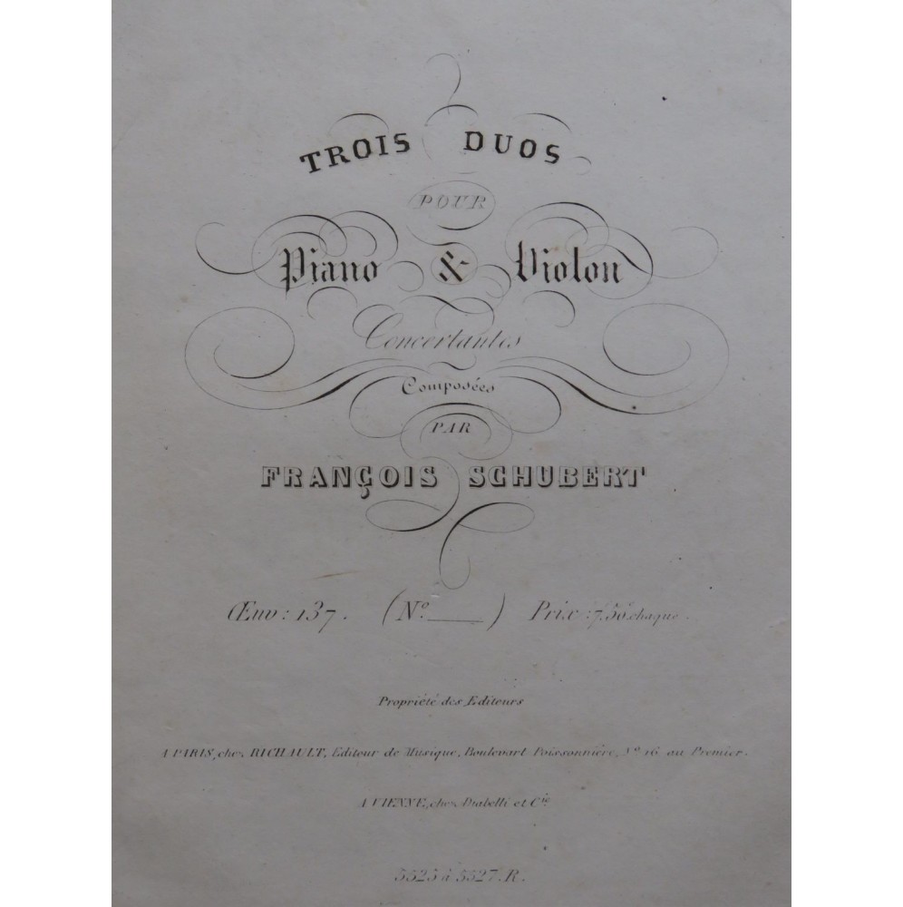 SCHUBERT Franz Duo Sonatine op 137 No 1 Violon Piano ca1845