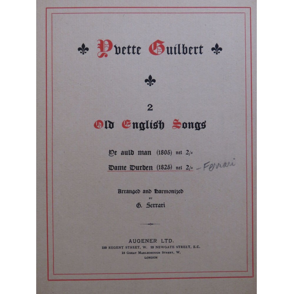 FERRARI G. Dame Durden Old English Song Chant Piano 1910