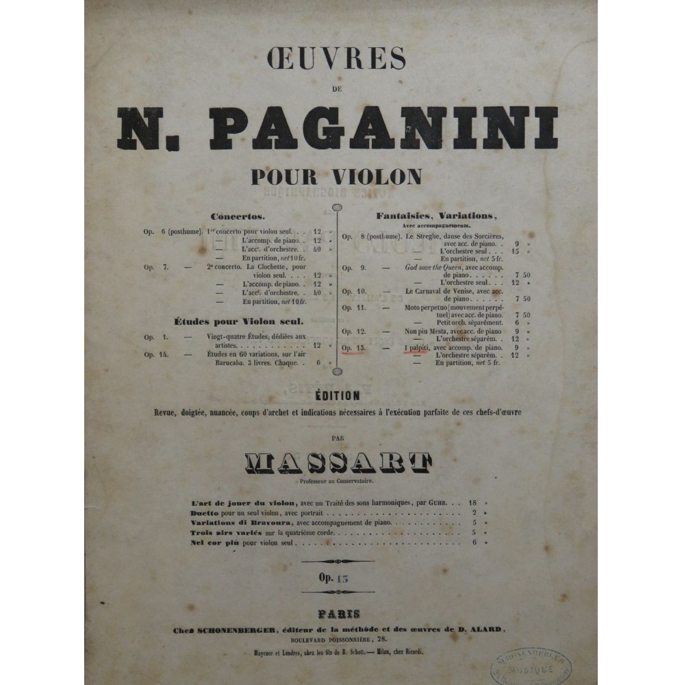 PAGANINI Niccolo I Palpiti op 13 Violon Piano ca1850