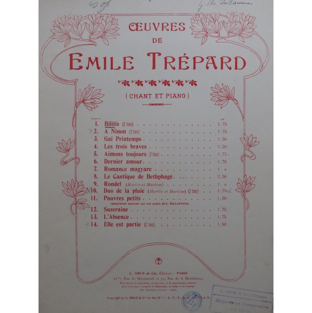 TRÉPARD Émile Bilitis Chant Piano 1906