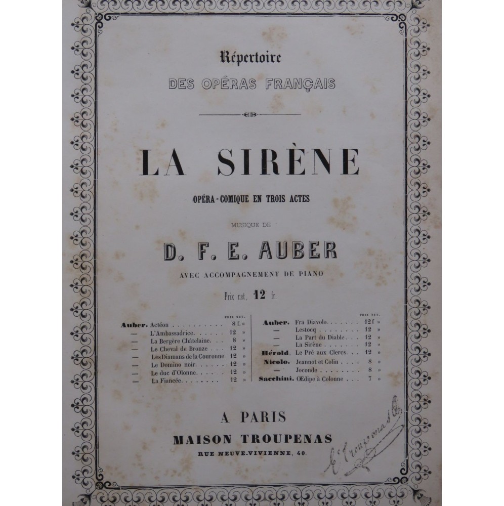 AUBER D. F. E. La Sirène Opéra Chant Piano 1844