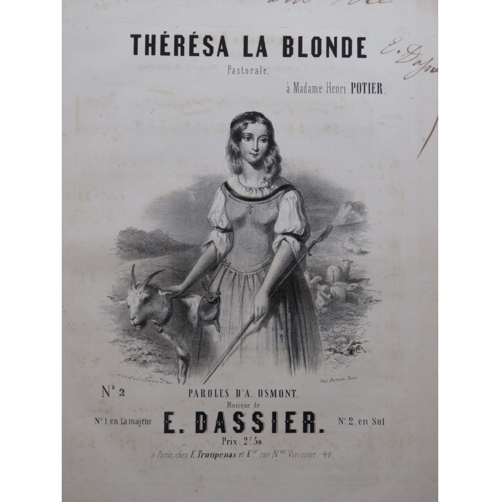 DASSIER Ernest Théresa la Blonde Dédicace Chant Piano ca1850