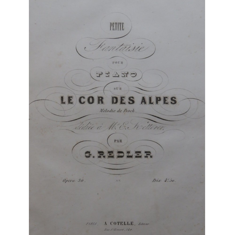 REDLER G. Petite Fantaisie sur Le Cor des Alpes Piano ca1860