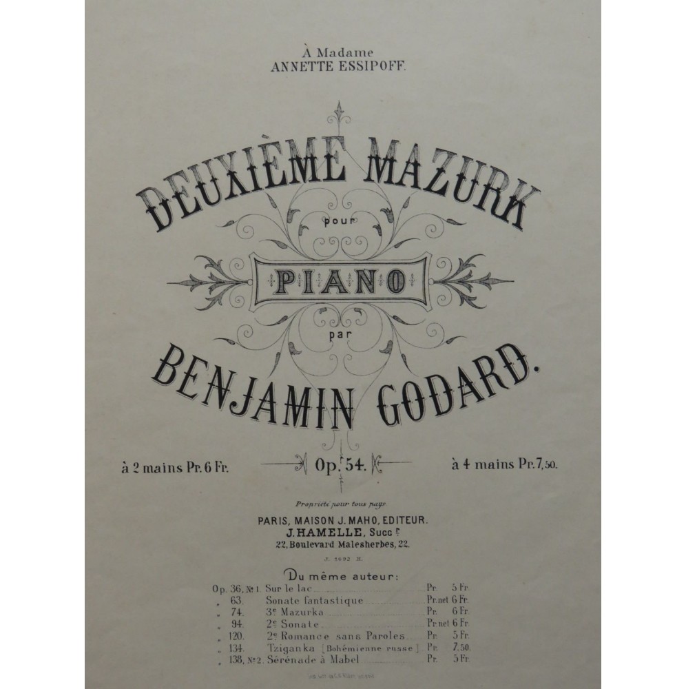 GODARD Benjamin Mazurk No 2 op 54 Piano ca1880