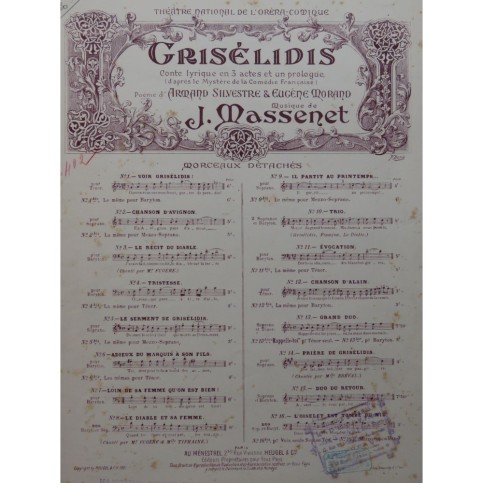 MASSENET Jules Grisélidis Opéra No 10 Chant Piano 1901