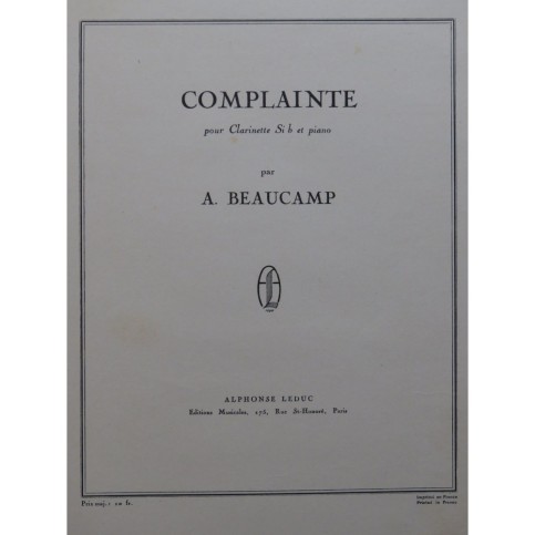 BEAUCAMP Albert Complainte Piano Clarinette 1951