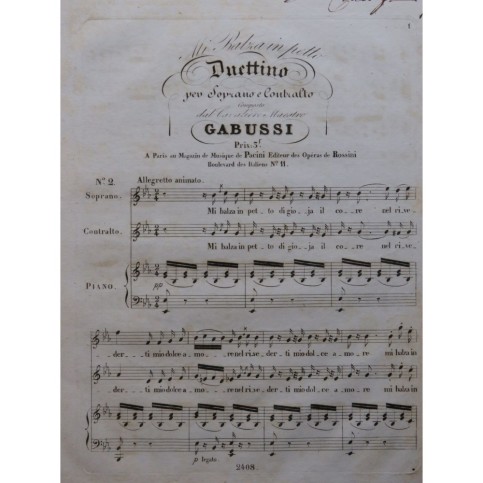 GABUSSI Vincenzo Mi Balza in Petto Duettino Chant Piano ca1840