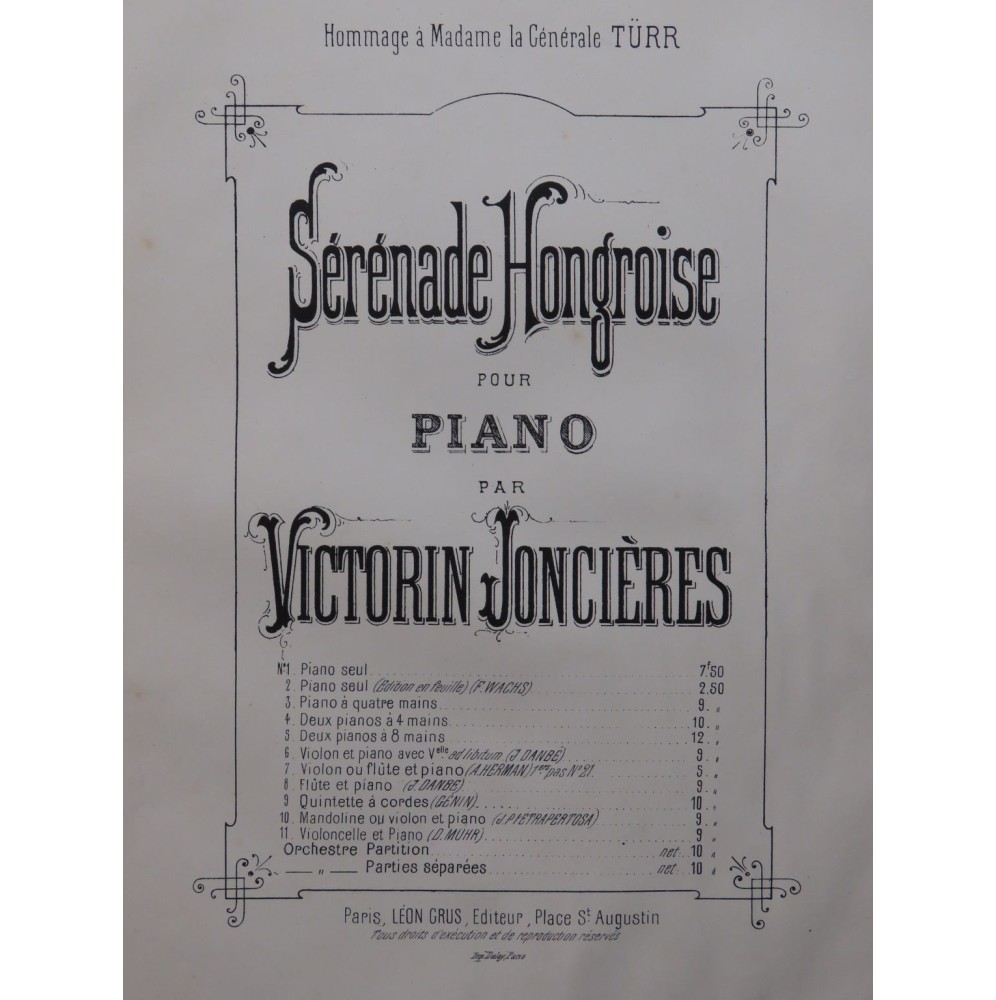JONCIÈRE Victorin Sérénade Hongroise Piano ca1879