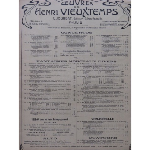VIEUXTEMPS Henri Grand Concerto op 31 Violon Piano ca1900