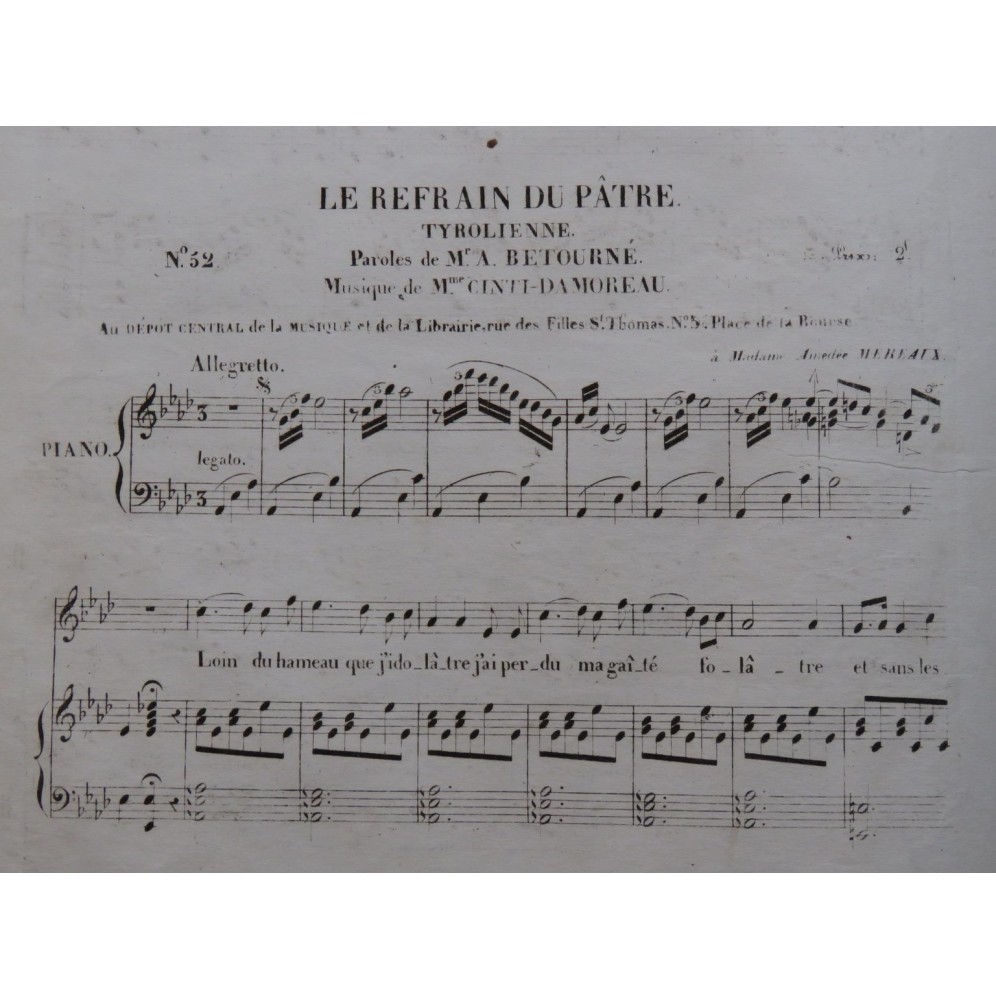 CINTI-DAMOREAU Le Refrain du Pâtre Tyrolienne Chant Piano ca1840