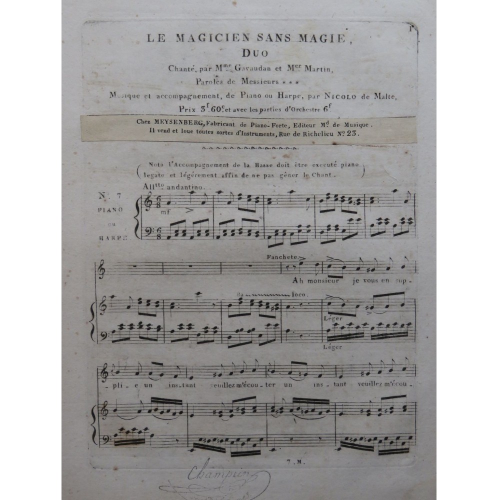 ISOUARD Nicolo Le Magicien sans Magie No 7 Chant Piano ou Harpe ca1810