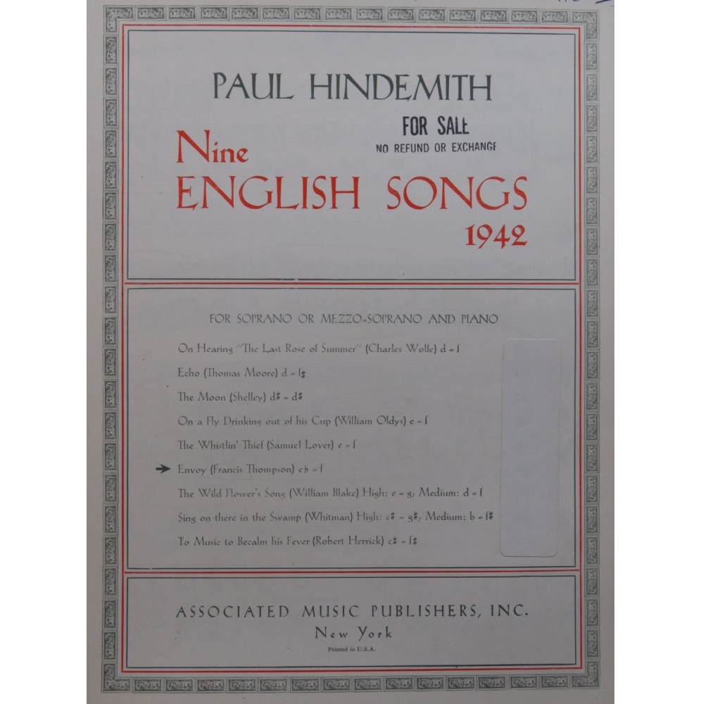 HINDEMITH Paul Envoy Chant Piano 1945