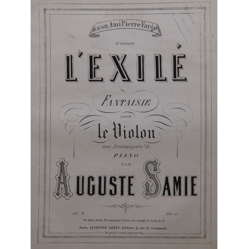 SAMIE Auguste L'Exilé Piano Violon ca1859