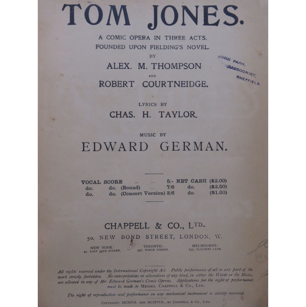 GERMAN Edward Tom Jones Opéra Piano Chant 1908