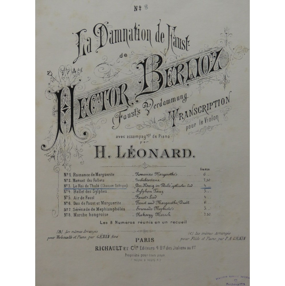 BERLIOZ Hector La Damnation de Faust No 3 Piano Violon ca1882