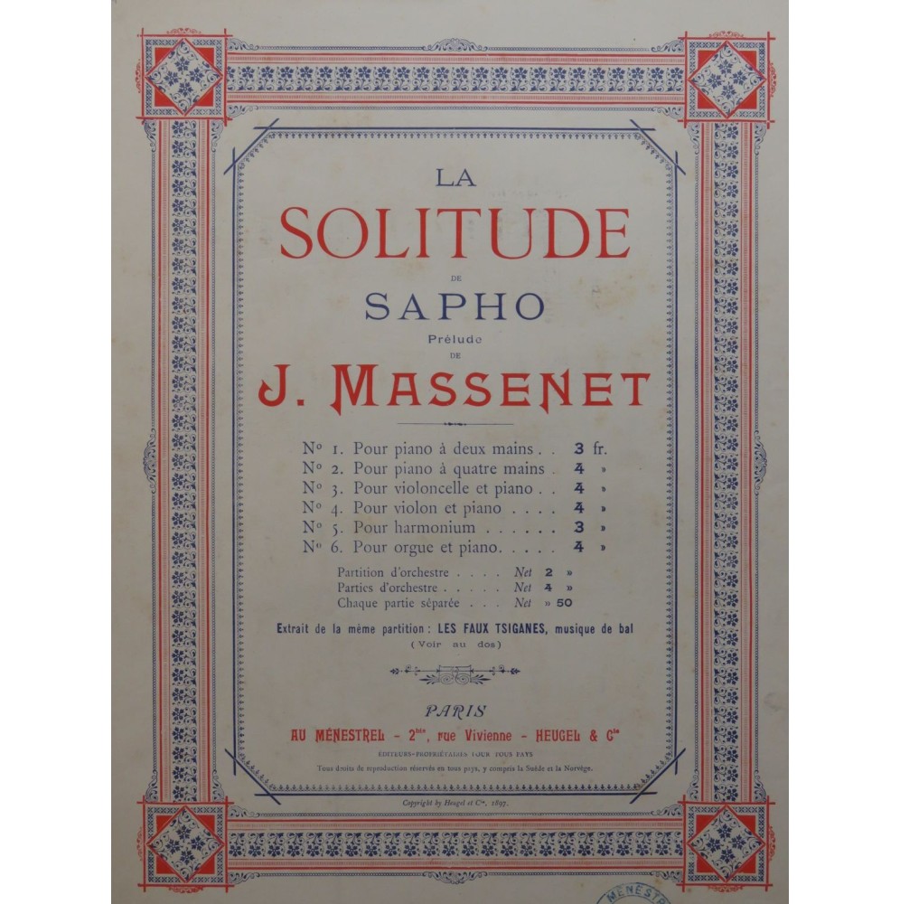 MASSENET Jules La Solitude de Sapho Piano 1897