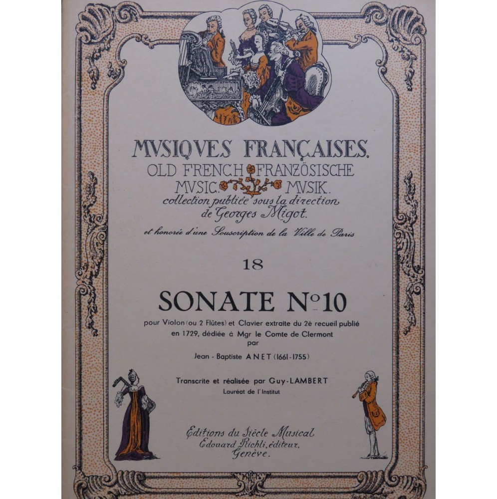 ANET Jean-Baptiste Sonate No 10 Piano Violon ou Flûte 1953