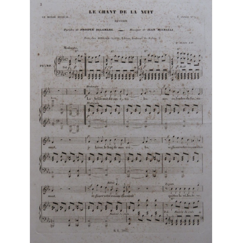 MICHAÉLI Jean Le Chant de la nuit Chant Piano ca1840