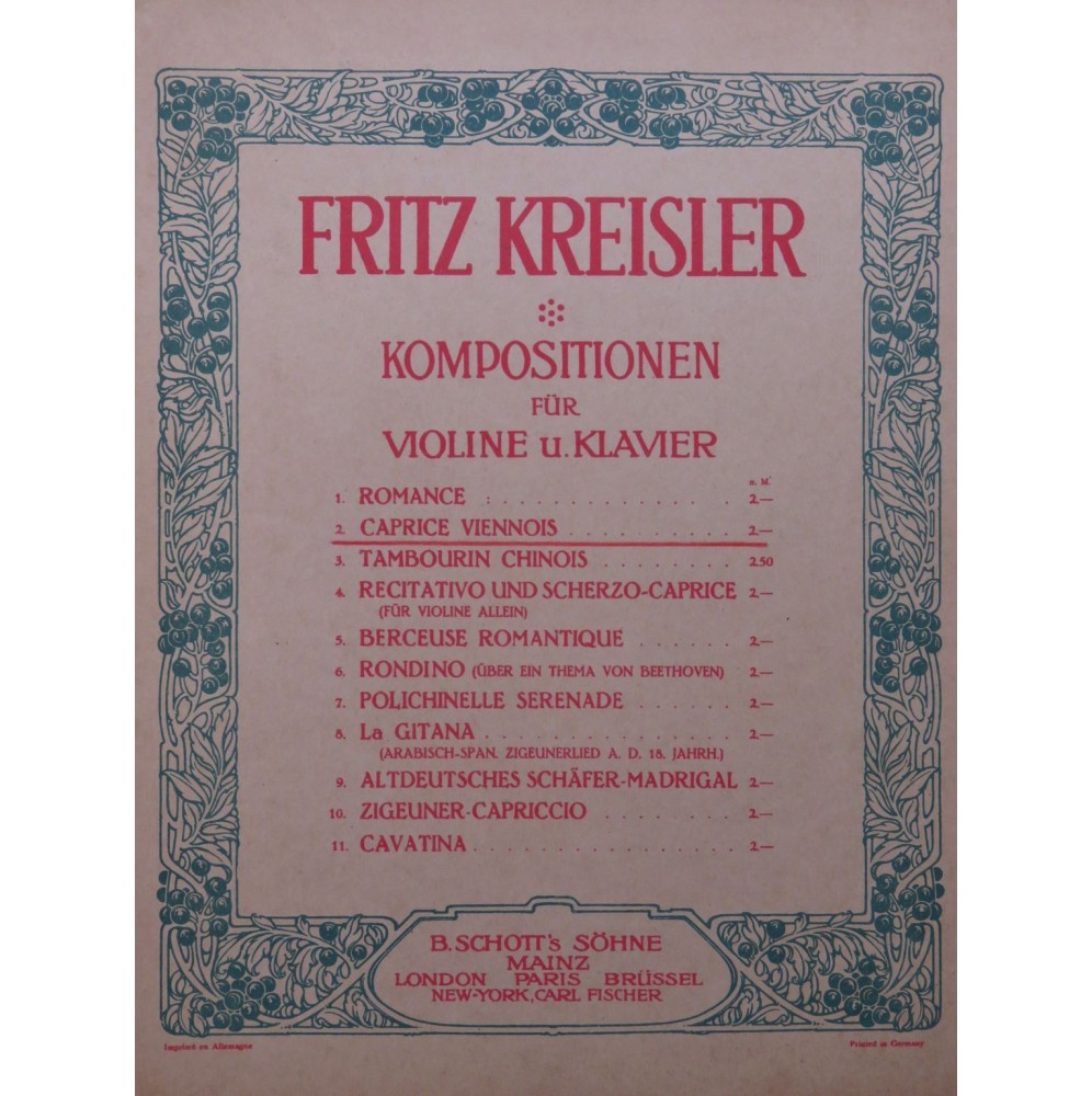 KREISLER Fritz Caprice Viennois Violon Piano 1911