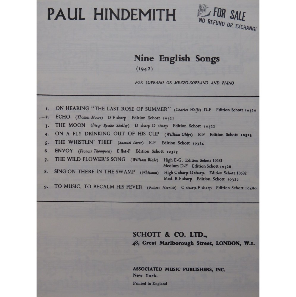 HINDEMITH Paul Echo Chant Piano 1944