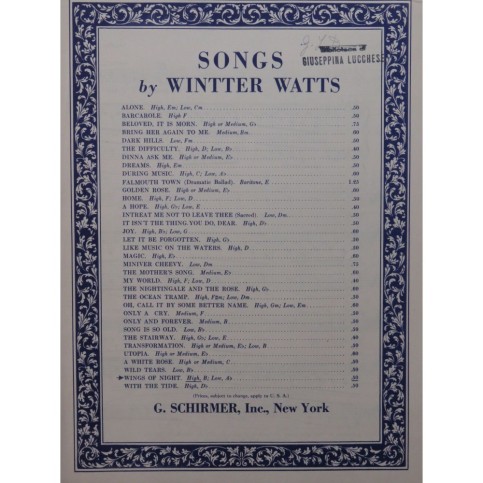 WATTS Wintter Wings of Night Chant Piano 1921