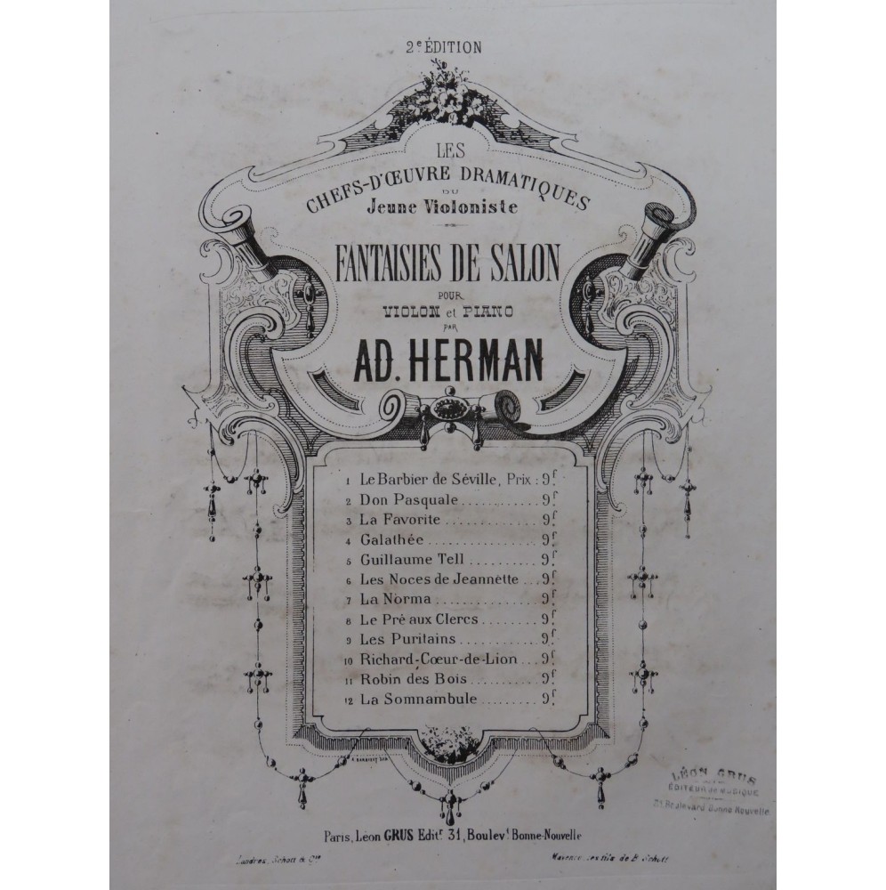 HERMAN Adolphe Fantaisie sur Galathée Violon Piano ca1864