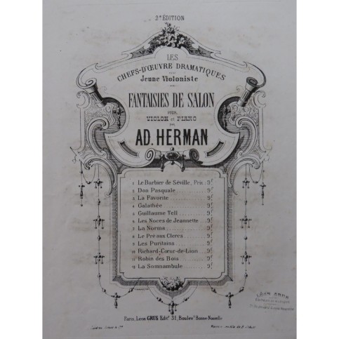 HERMAN Adolphe Fantaisie sur Galathée Violon Piano ca1864